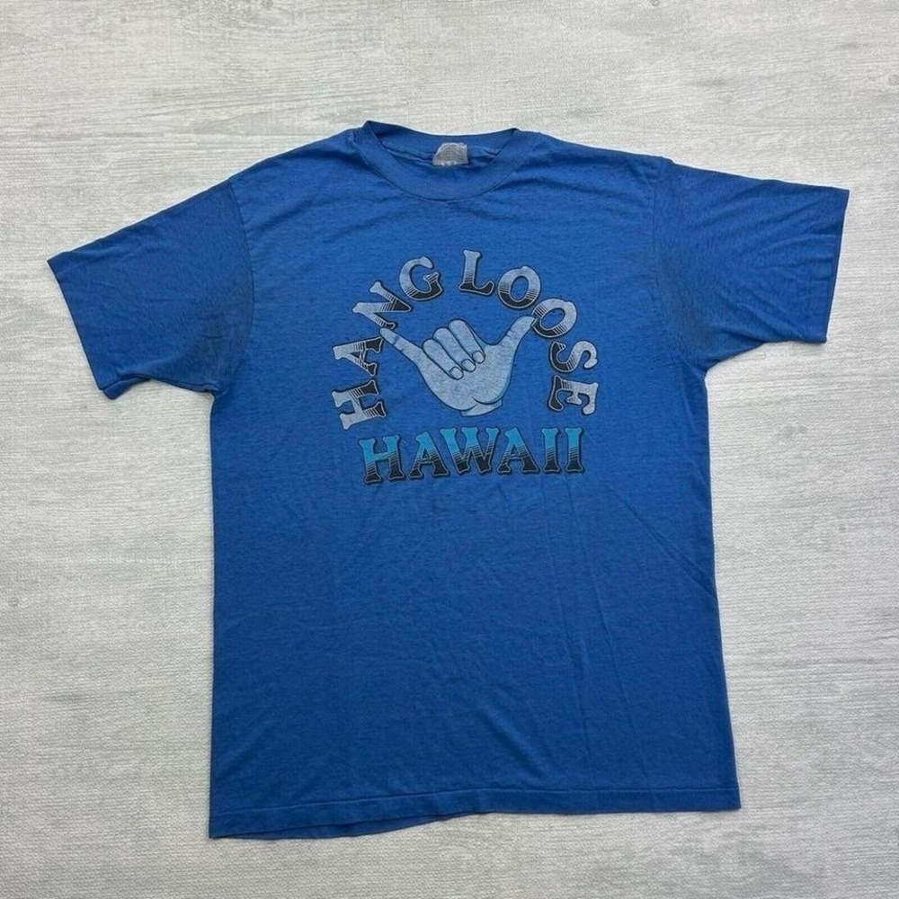 Vintage 80s Hang Loose Hawaii Shirt Adult Large Blue Surf Wear Aloha Ocean Beach